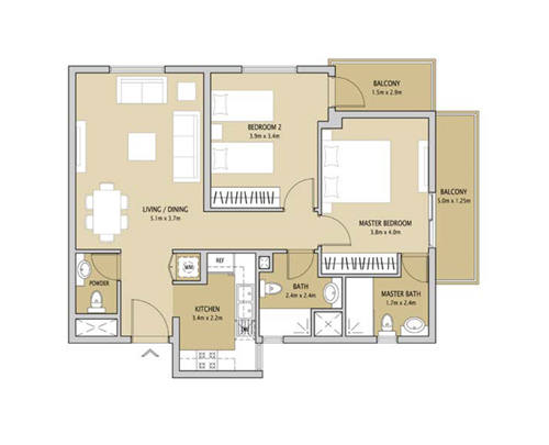 Floor plan - 2 Bedroom Type 1 -  Remraam Apartments  - etamea.com