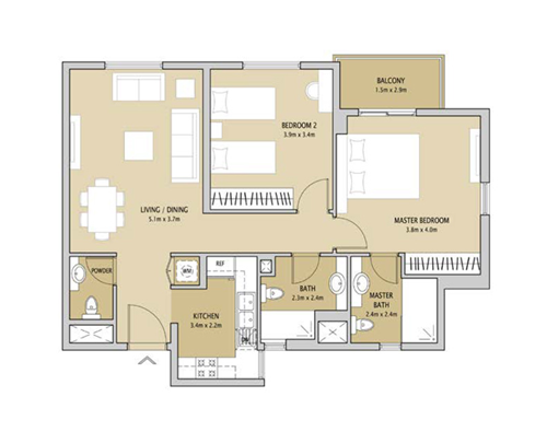 Floor plan - 2 Bedroom Type 3 -  Remraam Apartments  - etamea.com
