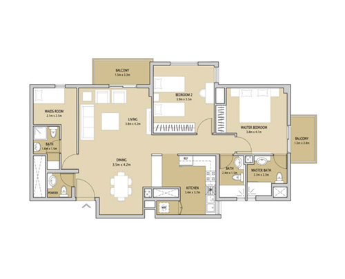 Floor plan - 2 Bedroom + Maid's Units Type 1 -  Remraam Apartments  - etamea.com