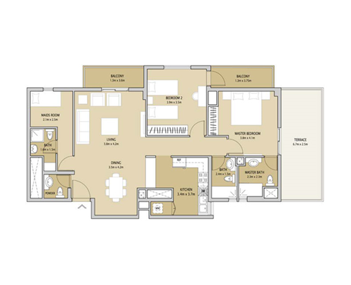 Floor plan - 2 Bedroom + Maid's Units Type 1 A -  Remraam Apartments  - etamea.com
