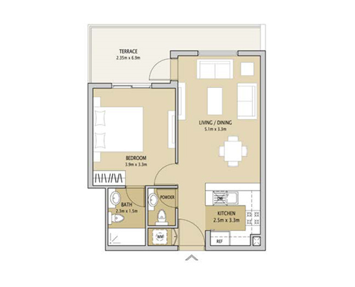 Floor plan - 1 Bedroom Type 4 A First Floor -  Remraam Apartments  - etamea.com